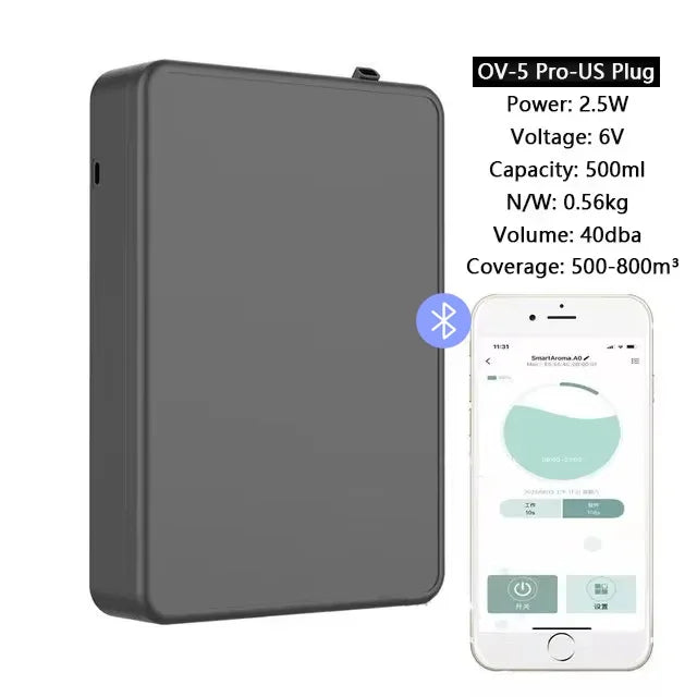 Grey wall-mounted aromatherapy diffuser with app control and OV-5 Pro US plug specification