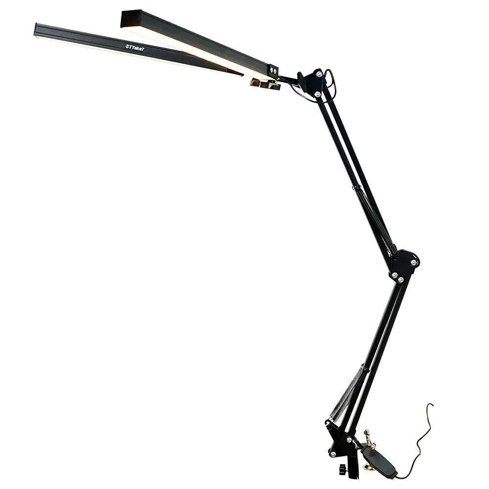 Black dual adjustable desk lamp on a white background