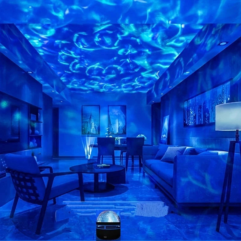Modern living room with blue lighting and ceiling projection