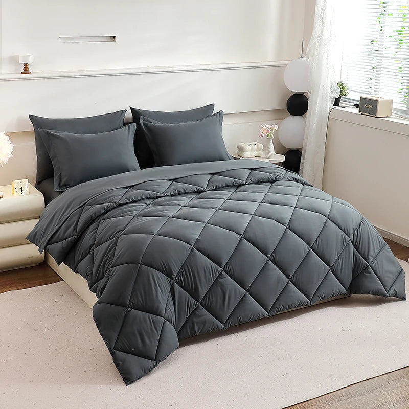 Dark grey 7-piece comforter bedding set with labelled components