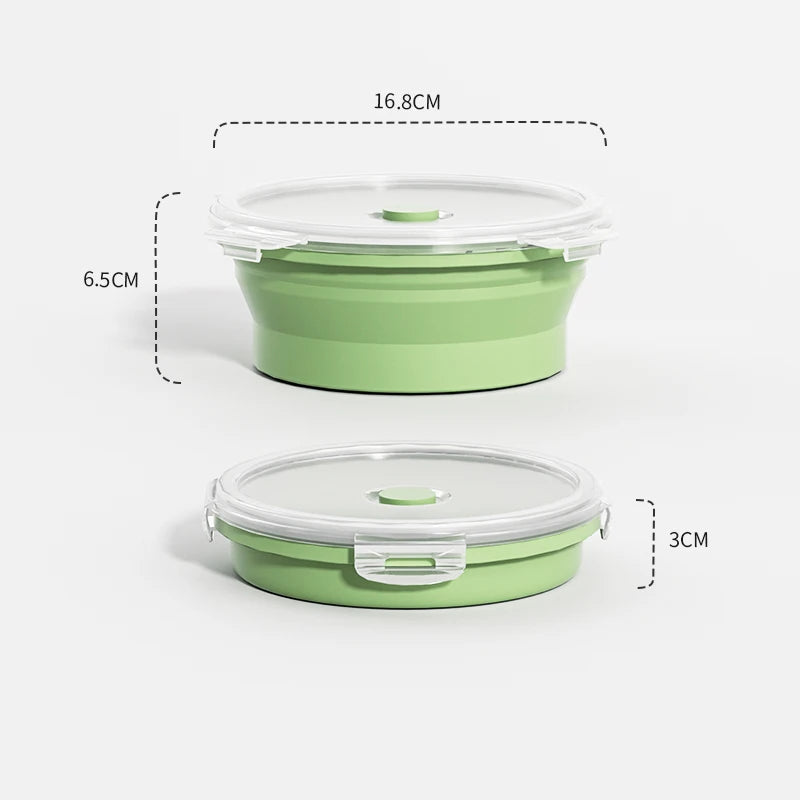 800ml Green: Green round collapsible silicone food container with clear leakproof lid, shown expanded and folded