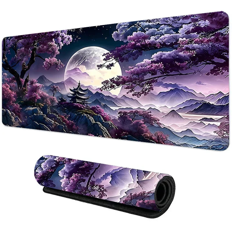 Large mouse pad featuring purple cherry blossom trees and a full moon over a mountain pagoda, flat and rolled