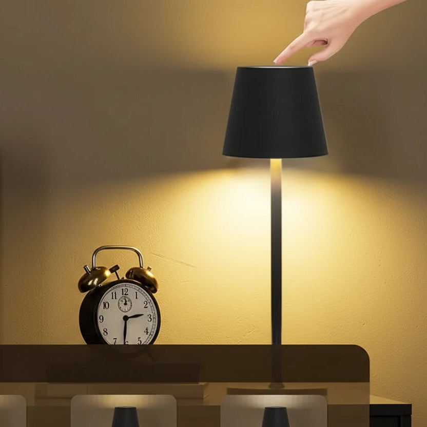 Touch-control lamp with 3-colour stepless dimming and a hand pointing to it.