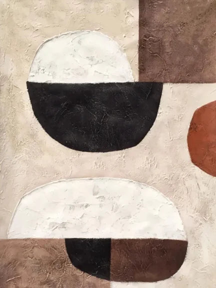 Abstract art piece with geometric shapes in earthy tones on a textured beige background