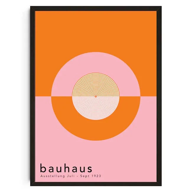 Framed poster with geometric design and 'bauhaus' text on an orange and pink background