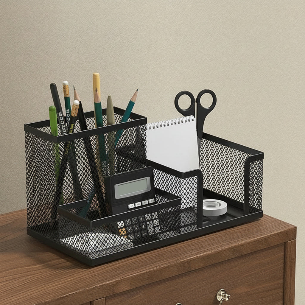Black mesh desk organizer with stationery items on a wooden surface.