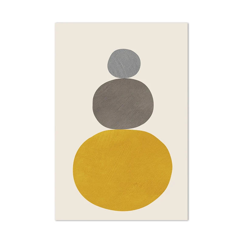 Abstract art print with two circles, one gray and one yellow, on a beige background.