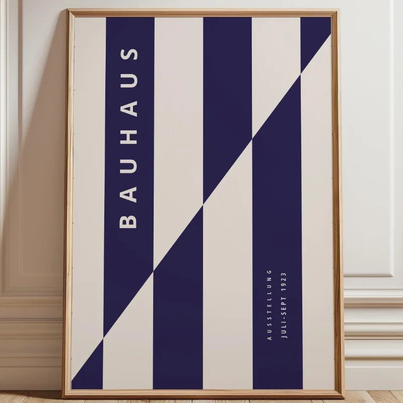 Bauhaus striped abstract wall art with navy vertical bands and diagonal line composition