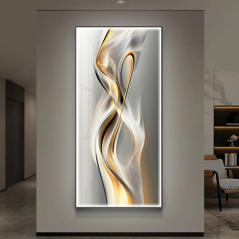 Intertwining gold and silver abstract flow LED wall panel illuminated in a modern entryway