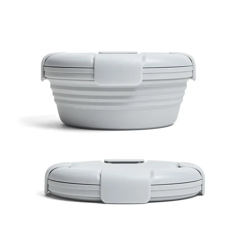 Collapsible white silicone bowl on a white background