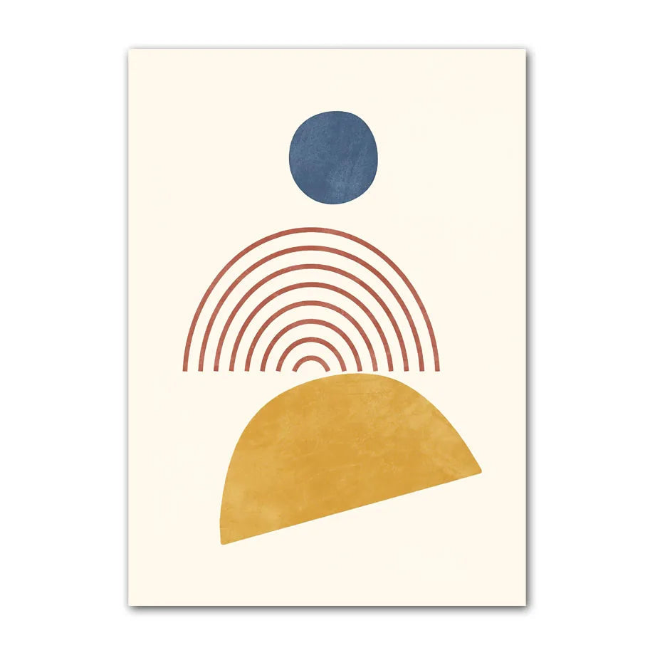 Modern abstract canvas print with blue circle, terracotta arch lines, and mustard half circle