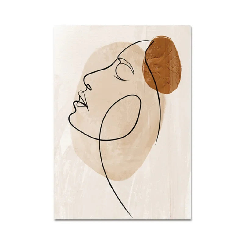Abstract line art of a face with a brown object on a beige background