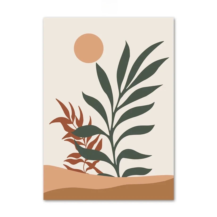 Art print with stylized plants and a sun on a beige background