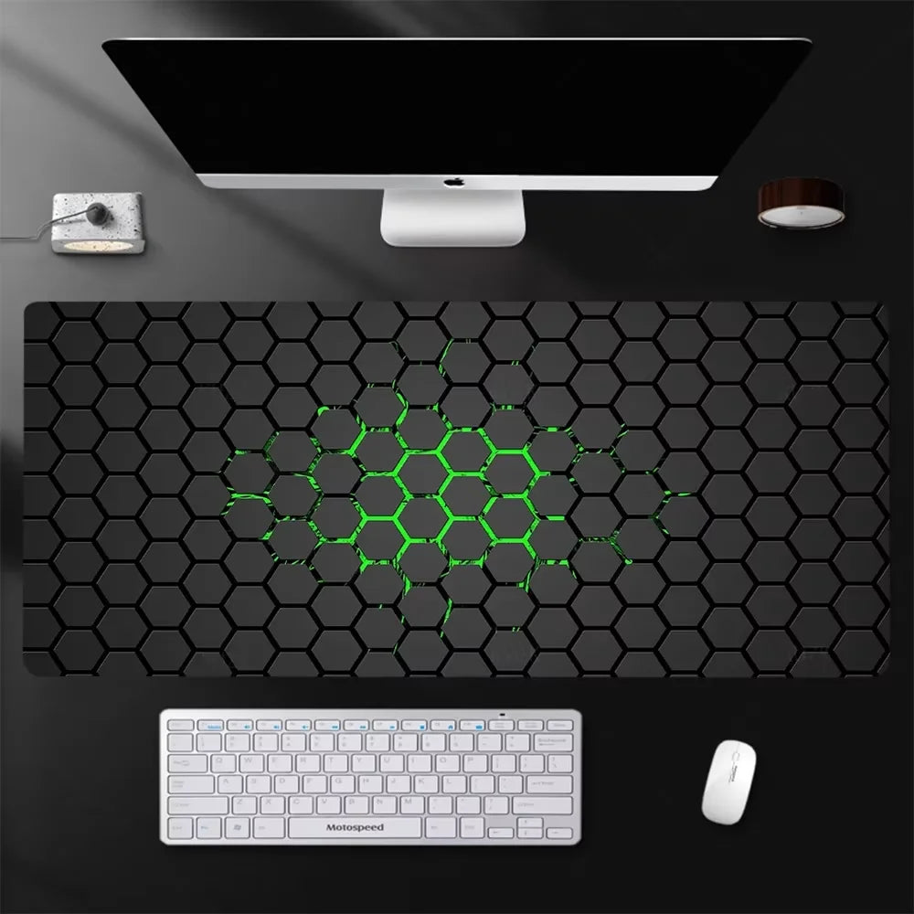 Black gaming desk mat with green hex grid pattern