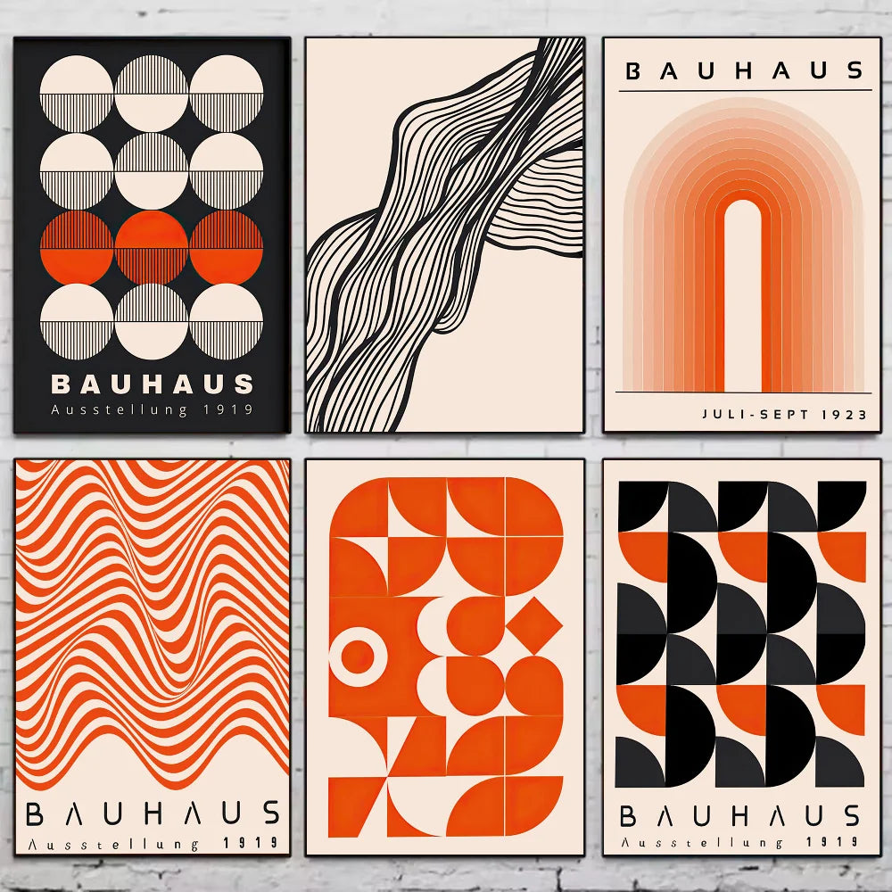 Set of six Bauhaus posters with geometric designs on a gray background