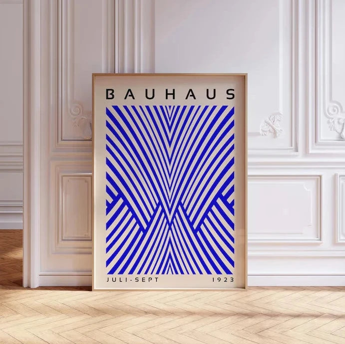 Bauhaus geometric line print with bold blue linear pattern on a cream background