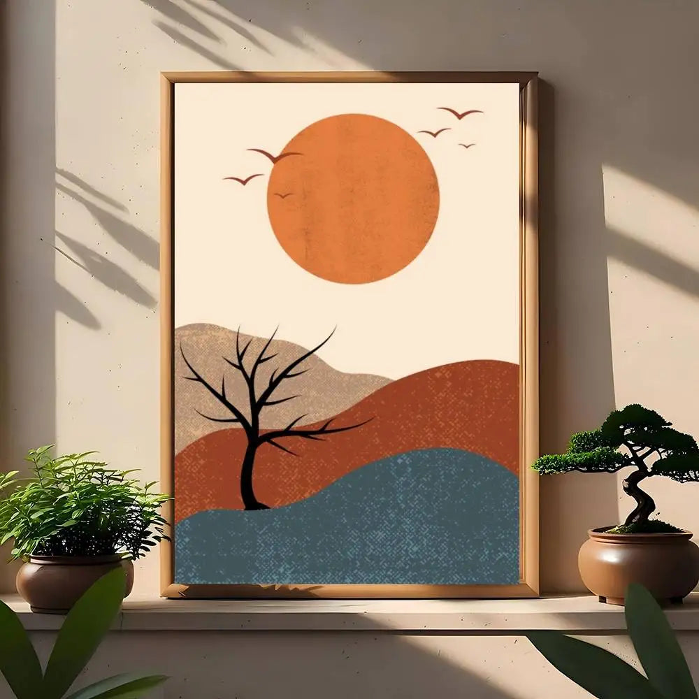 Abstract hills canvas print with large terracotta sun, lone black tree silhouette, and small birds above textured colour blocks.