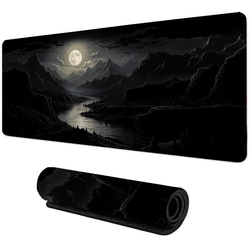 Extended mouse pad with all-black moonlit mountain and river landscape, shown flat and rolled