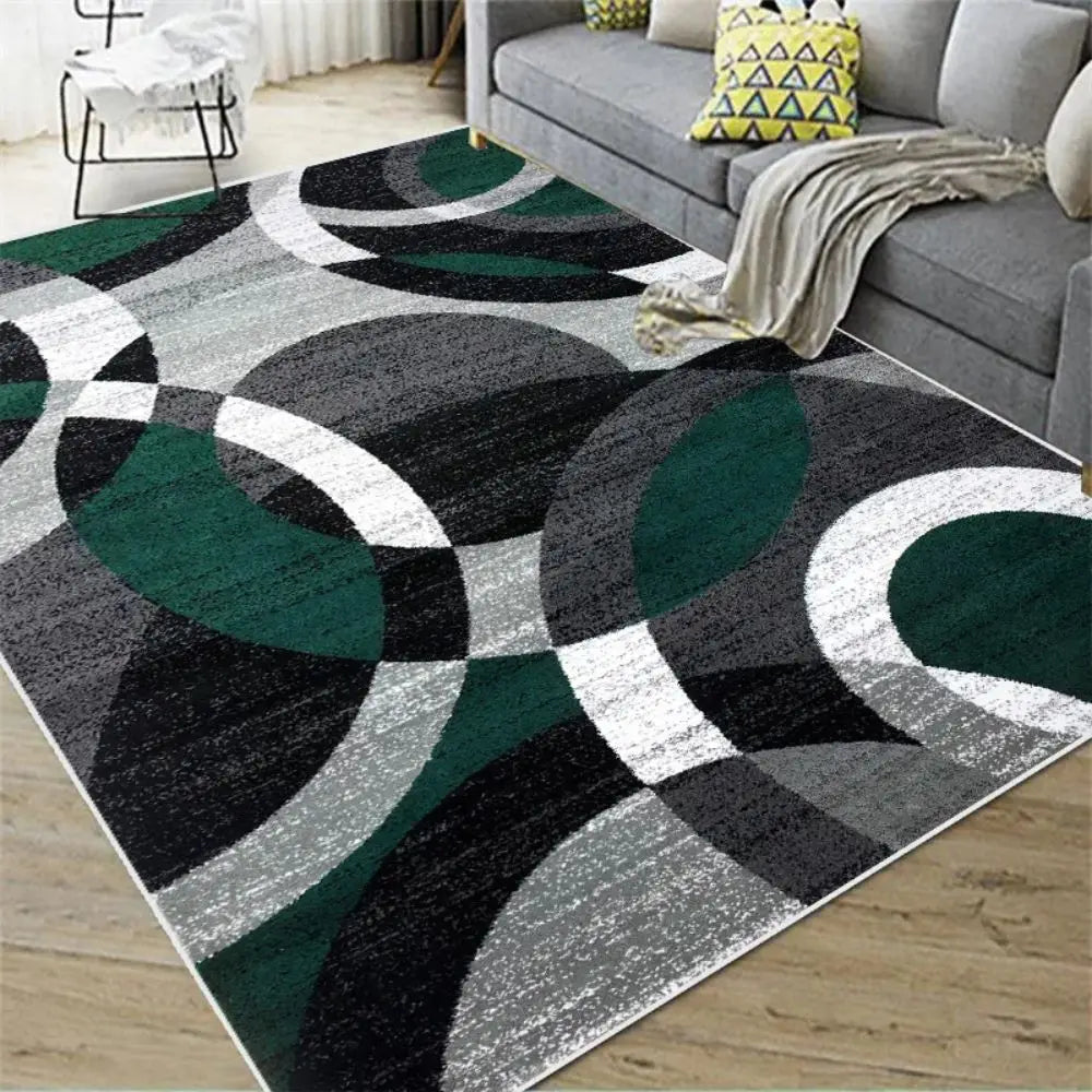 Green, black, grey, and white Nordic geometric rug with a circular pattern.