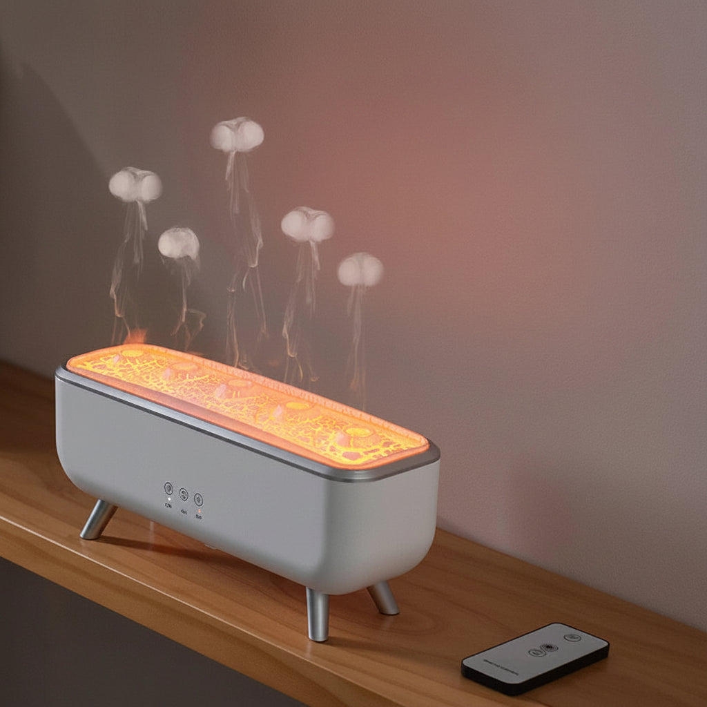 Aroma diffuser with jellyfish mist design on a wooden surface, featuring colourful lighting and a remote control.