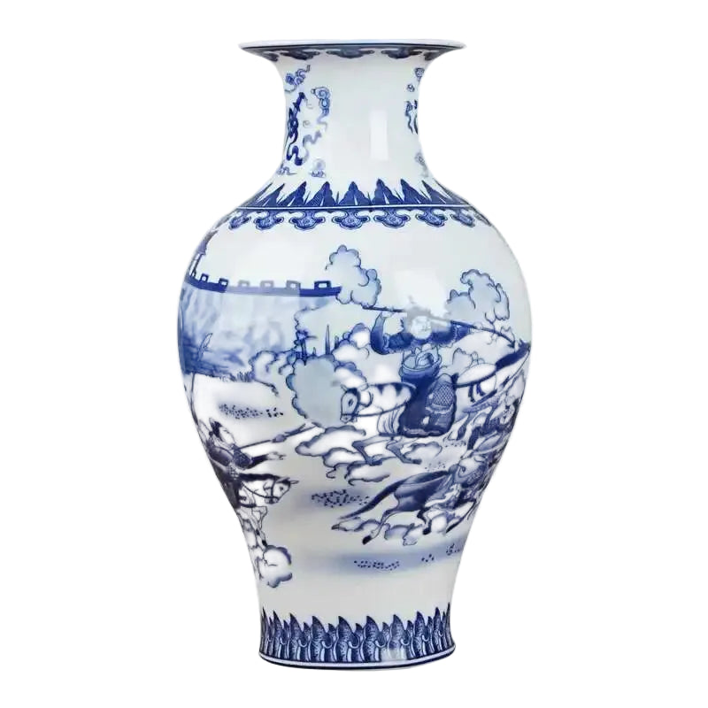 Blue and white ceramic vase with intricate designs on a white background