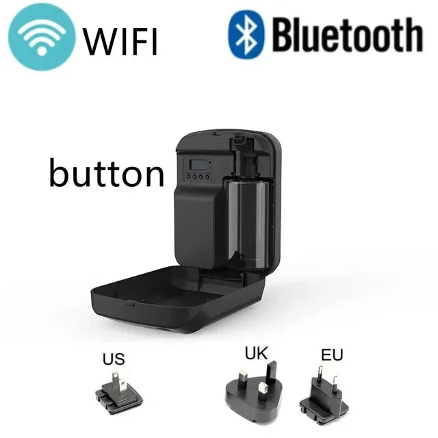 Black diffuser interior with oil bottle and interchangeable US, AU, UK, and EU plugs, with wifi and Bluetooth support