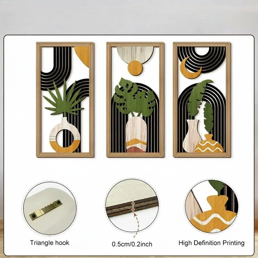 Three framed abstract art pieces with plants, a triangle hook, and high definition printing details.