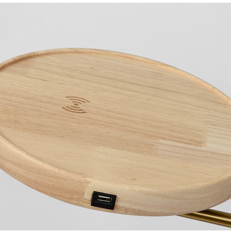 Wooden charging tray with USB port on a white background