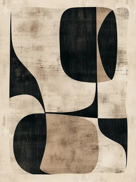 Abstract art piece with black and beige shapes on a textured background