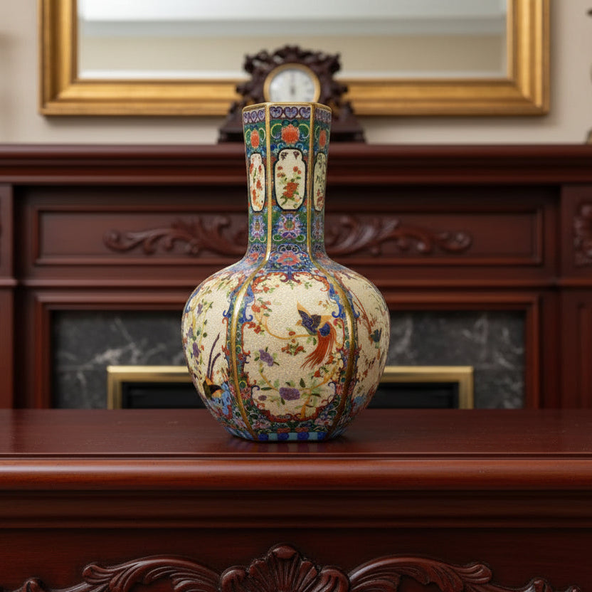 Decorative vase with intricate patterns on a grey background