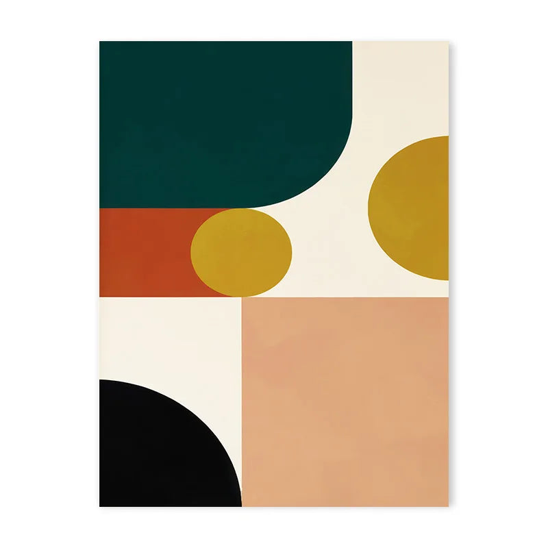 Abstract art print with geometric shapes in various colours on a white background