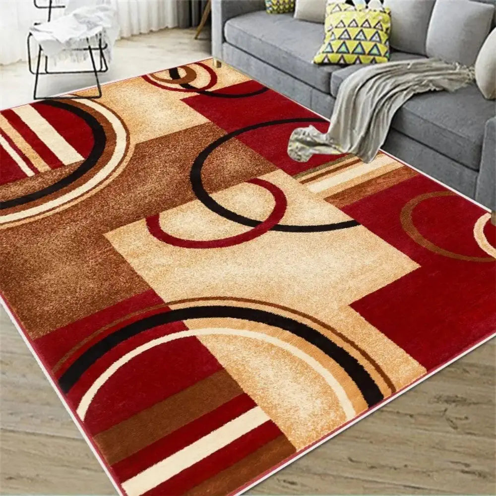 Red, beige, brown, and black Nordic geometric rug with modern arc pattern.