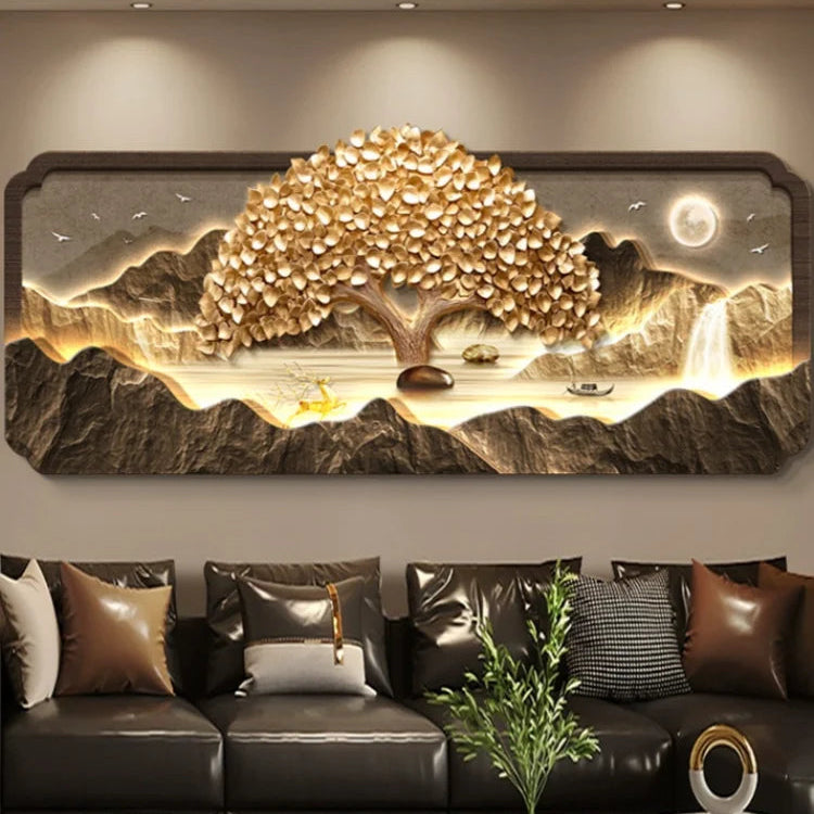 Decorative LED wall art of a tree with a mountain landscape in a living room.
