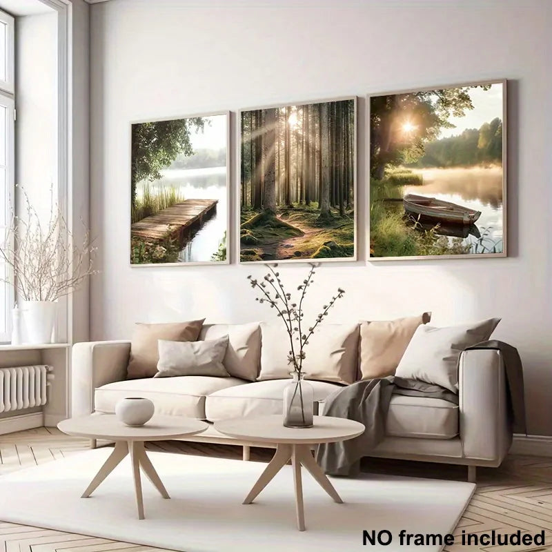 Modern living room with a sectional sofa, coffee table, and wall art depicting nature scenes.