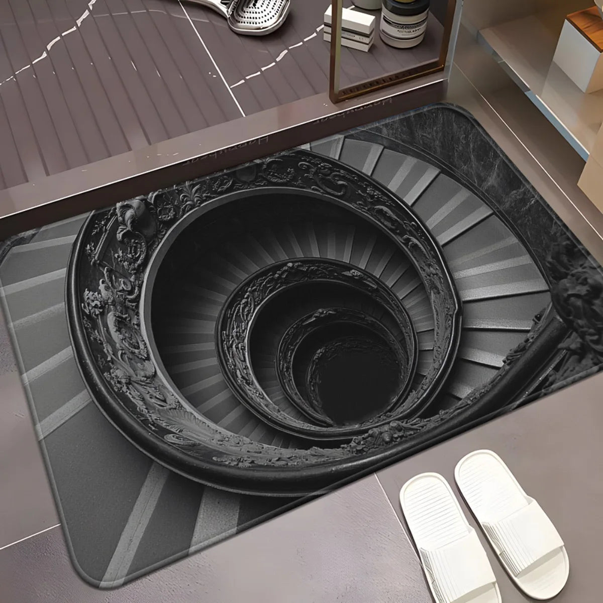 3D optical illusion floor mat with ornate spiral staircase vortex in black and grey