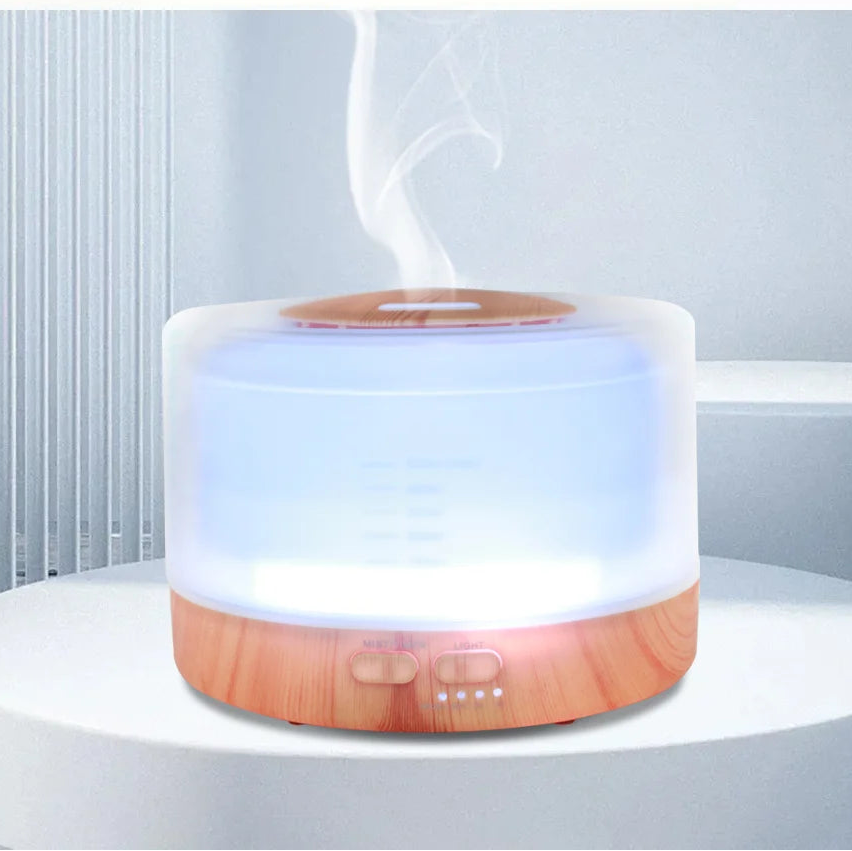 Humidifier with wooden base on a white surface, surrounded by icons and text.