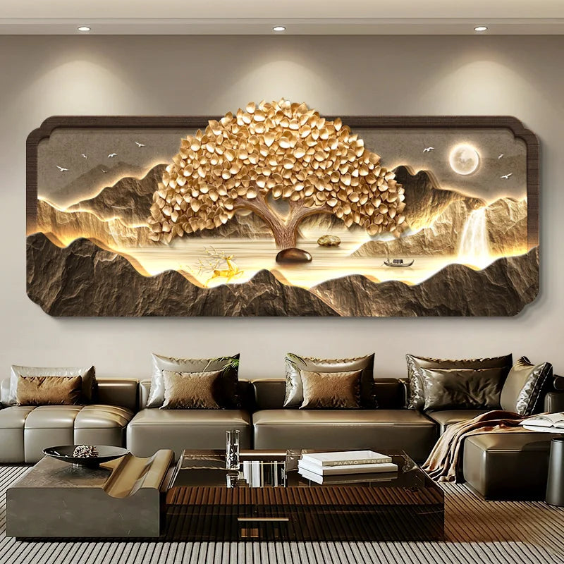 Decorative LED wall art of a tree with mountains and moon in a living room.