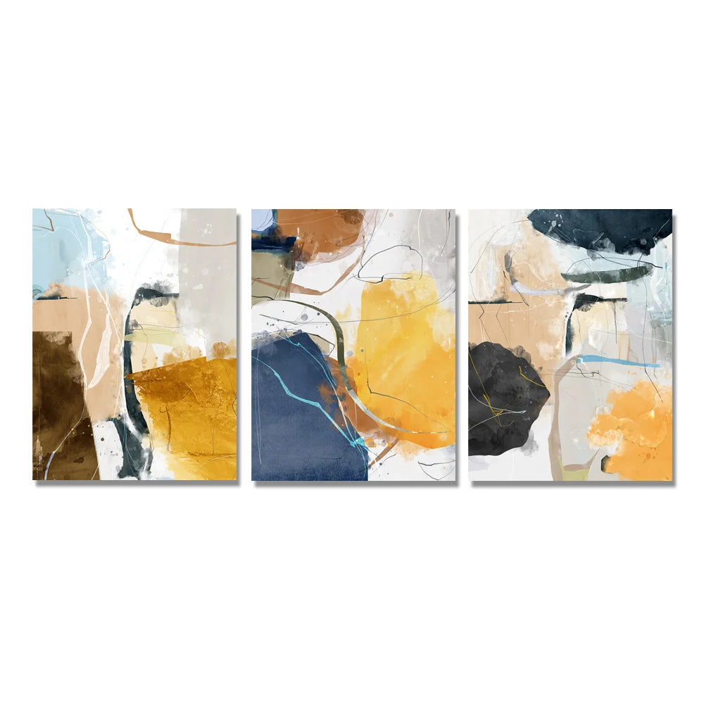 Abstract art triptych with blue, yellow, and beige colors on a white background