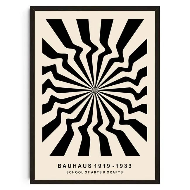 Poster with black and white geometric design and 'Bauhaus 1919-1933' text on a beige background
