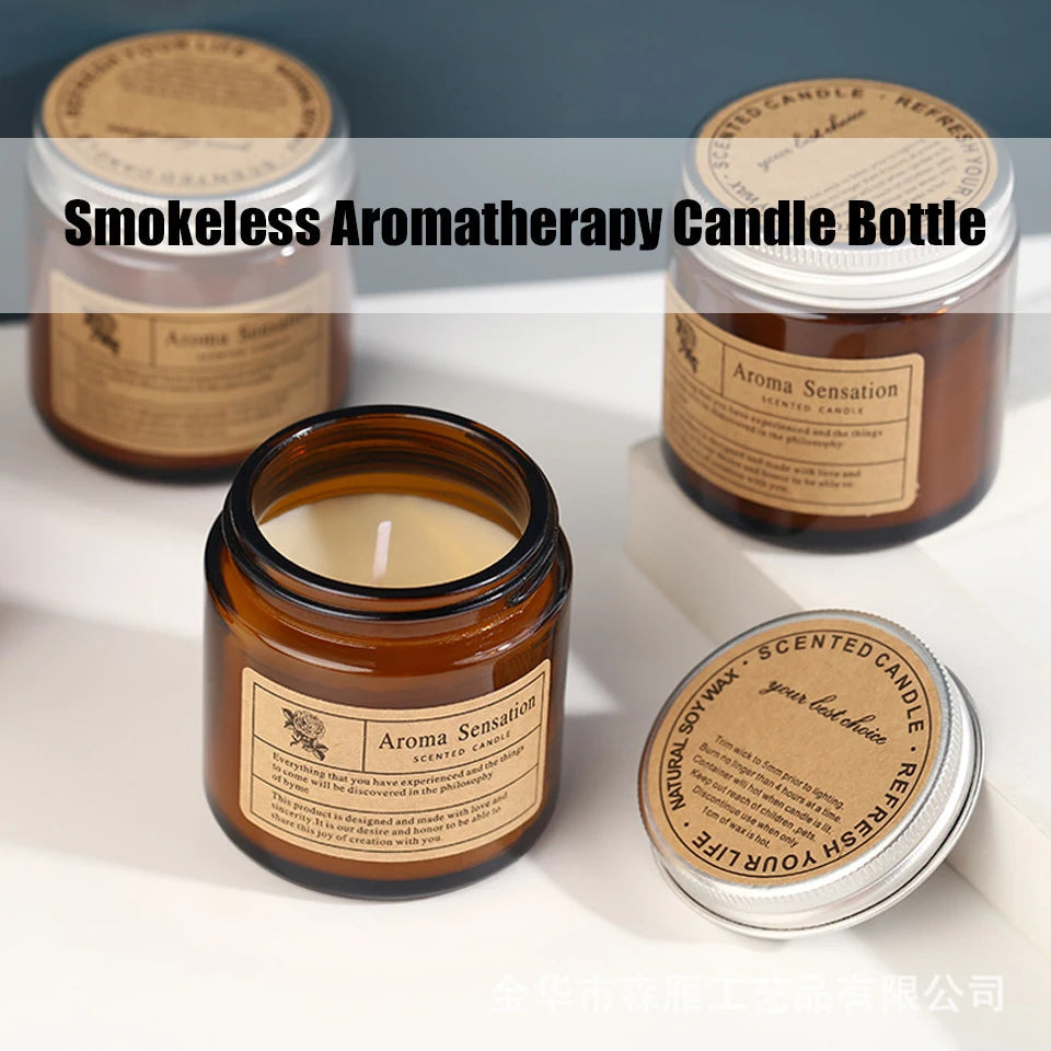 Smokeless Aromatherapy Candle Bottle with labels on a light background
