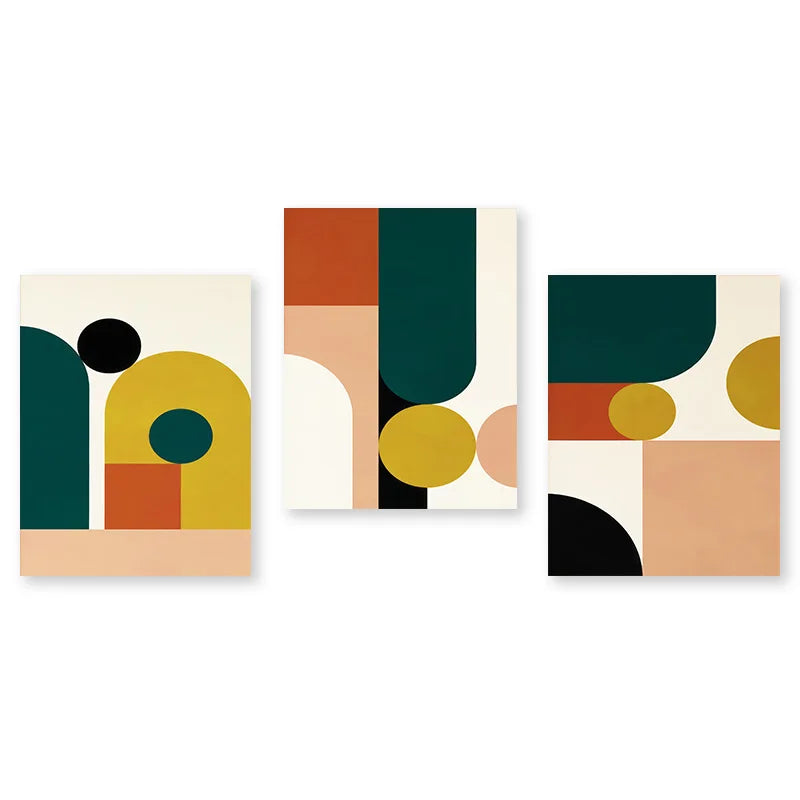 Styled wall art set featuring three abstract geometric canvas prints in green, mustard, rust, blush, and black tones