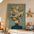 Canvas print of a serene woman with stacked books and floral crown on a teal background
