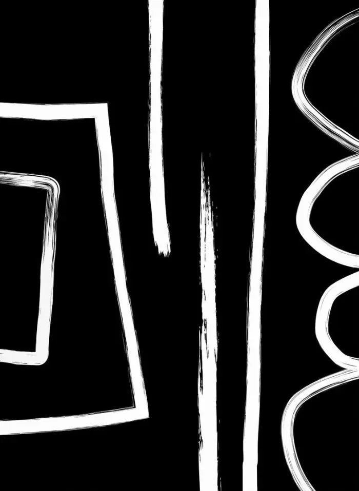 Abstract black and white drawing with geometric shapes on a black background