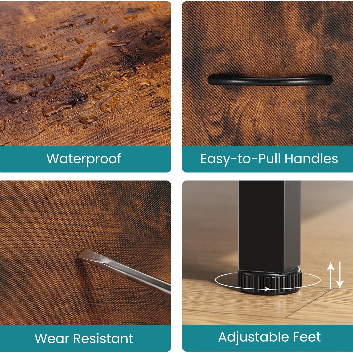 Collage of features including waterproof, easy-to-pull handles, wear resistance, and adjustable feet on a wooden surface.