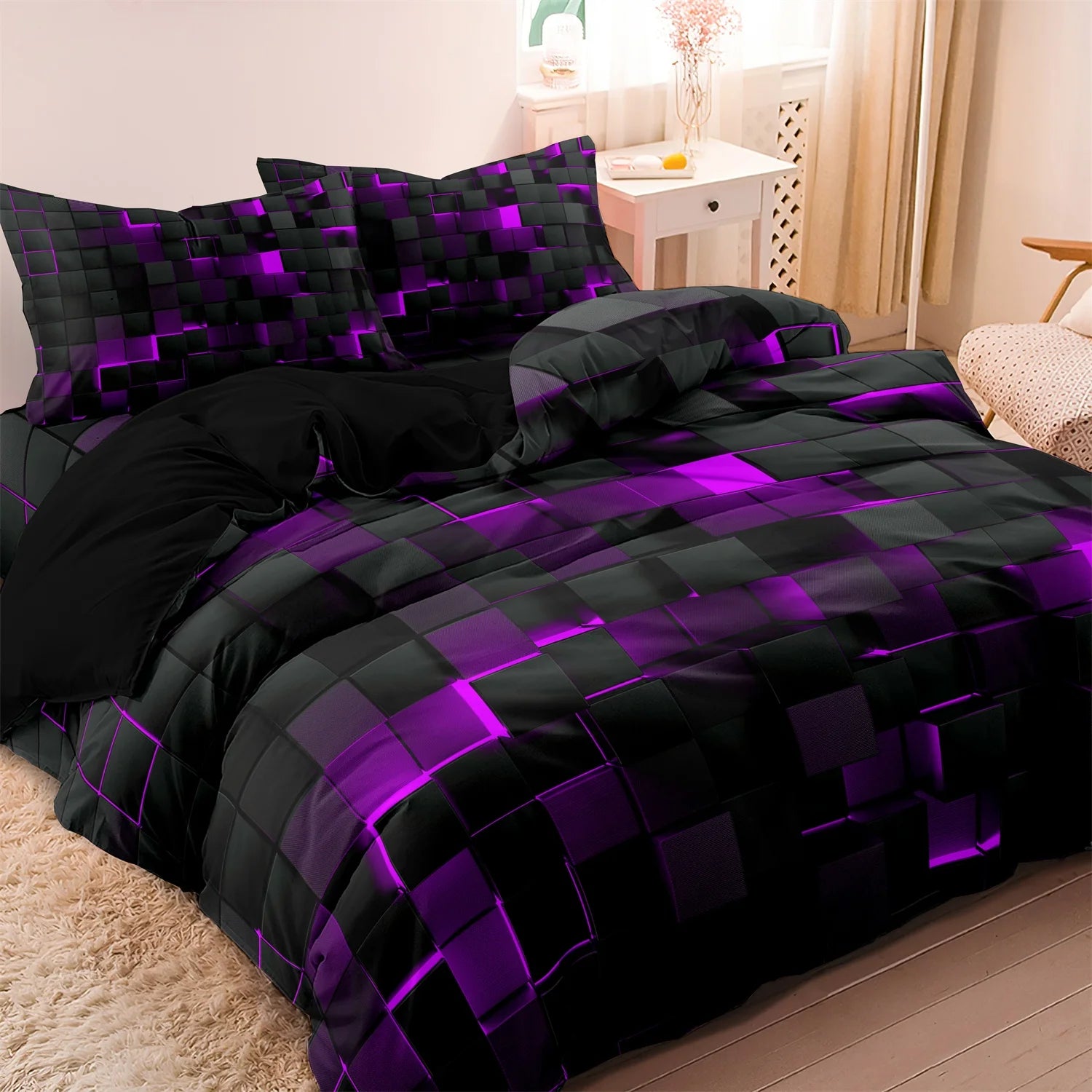 Black bedding set with purple geometric block digital print