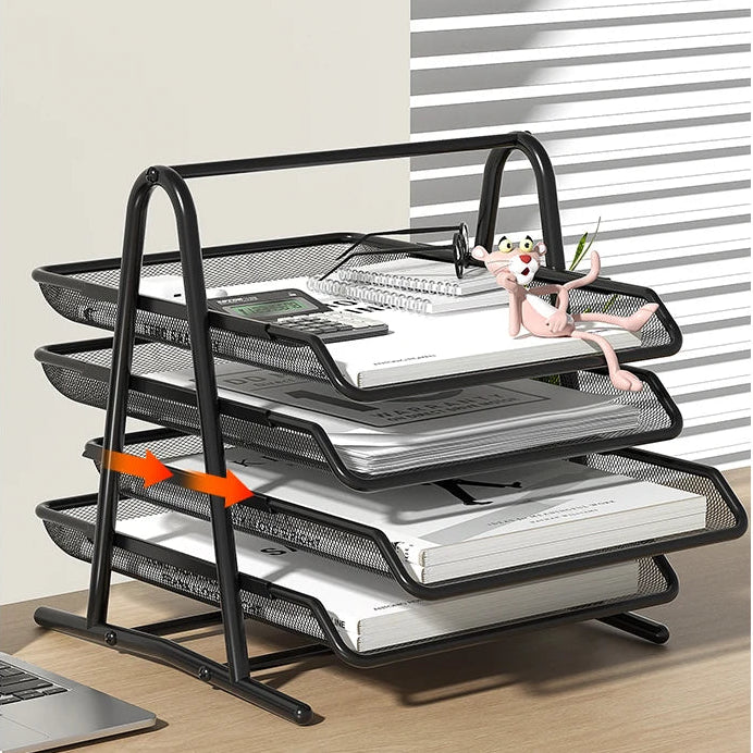 Black 4-tier metal document tray with open mesh shelves and size measurements.
