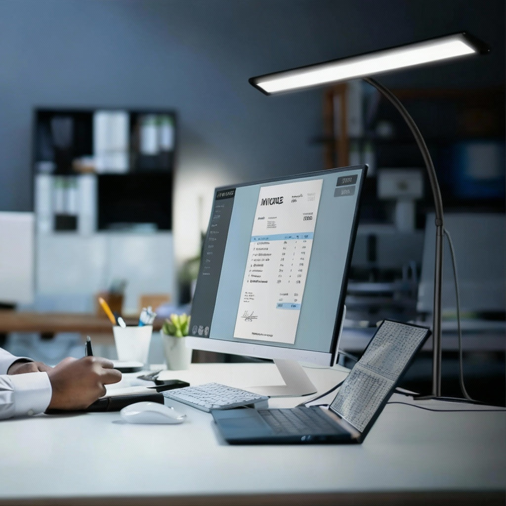 A person working at a desk with a computer and a lamp.
