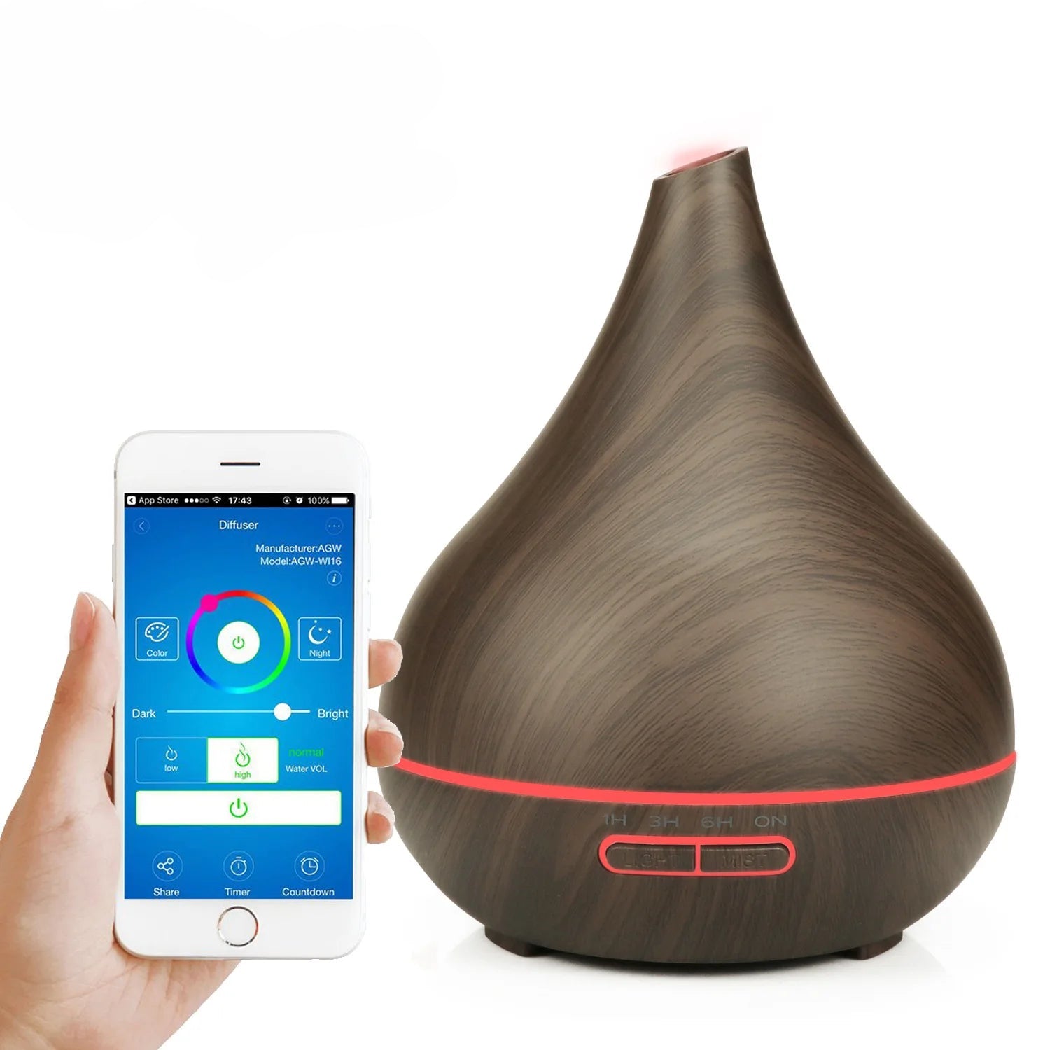 Smart diffuser with a phone displaying app interface on a white background