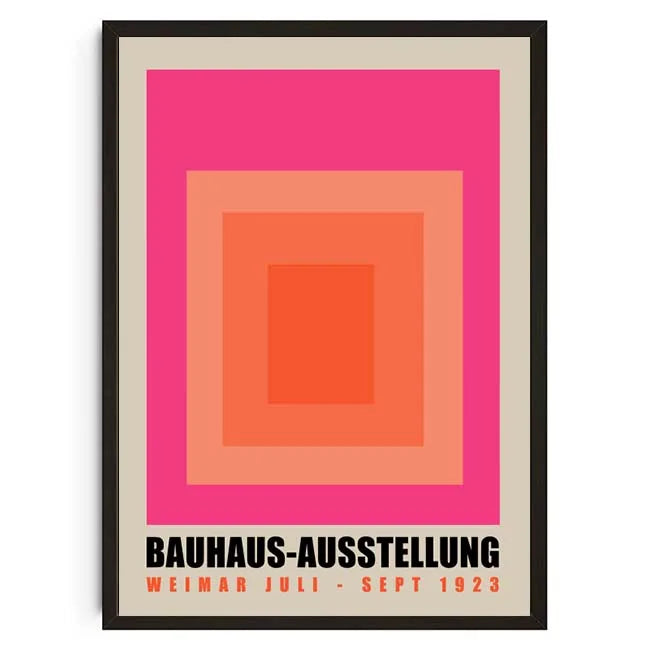 Framed poster with geometric design and text about Bauhaus-Ausstellung on a white background