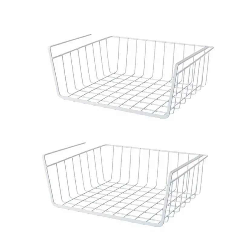 Two large white wire baskets with dimensions on a white background